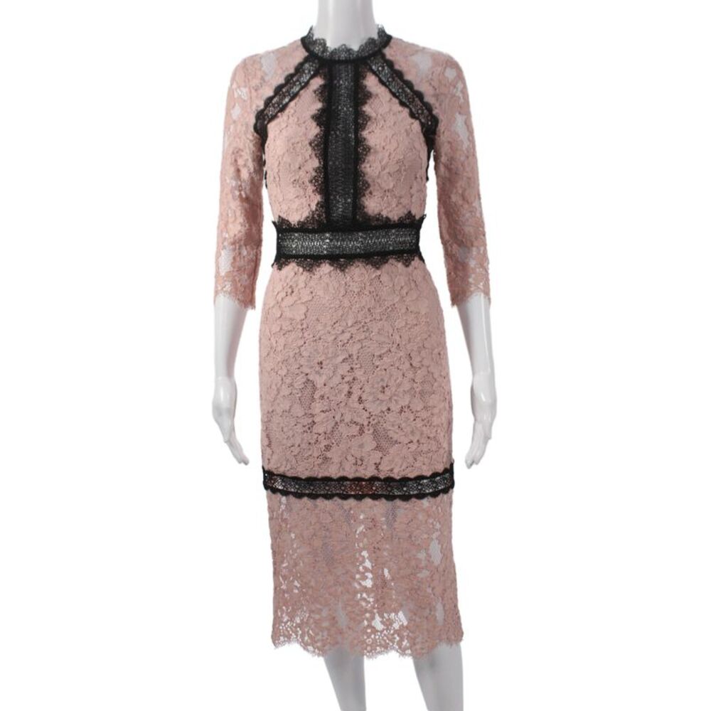 Alexis Women Sheath Dress Pink Cotton High Neck 3/4 Sleeve Mid Calf Size XS